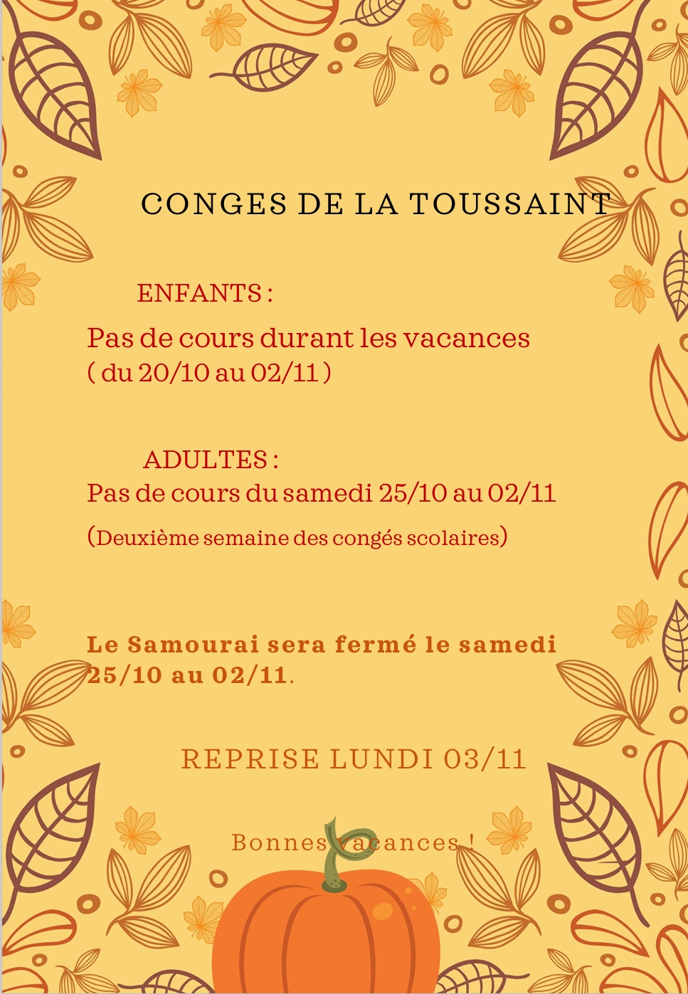Congés vacances de la Toussaint 2025