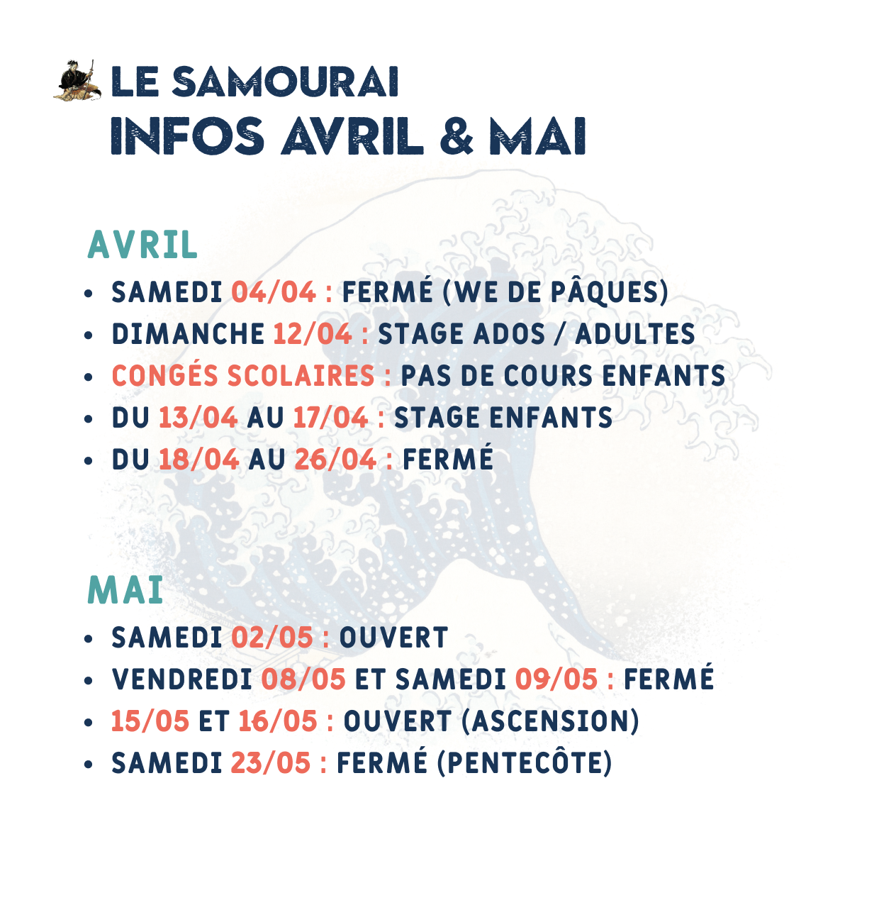 Informations pour les mois d'avril et de mai 2026