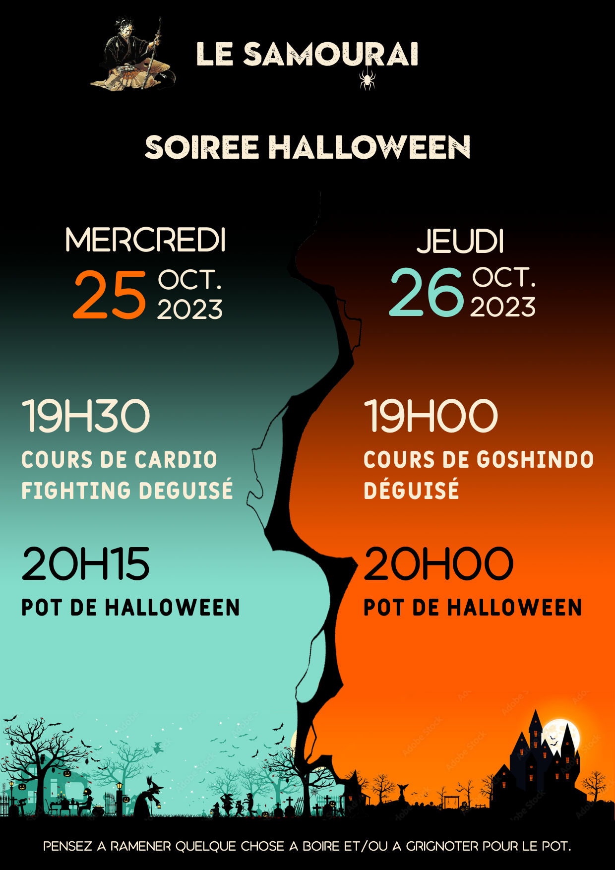 Soirée Halloween à l'issue du cours de cardio le 25 octobre et à l'issue du cours de goshindo le 26 octobre.